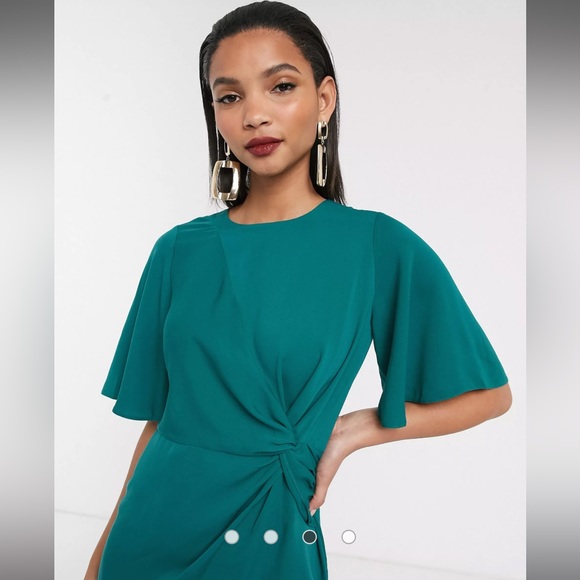 ASOS | ASOS DESIGN twist front mini dress with angel sleeve in antique green - Picture 4 of 9